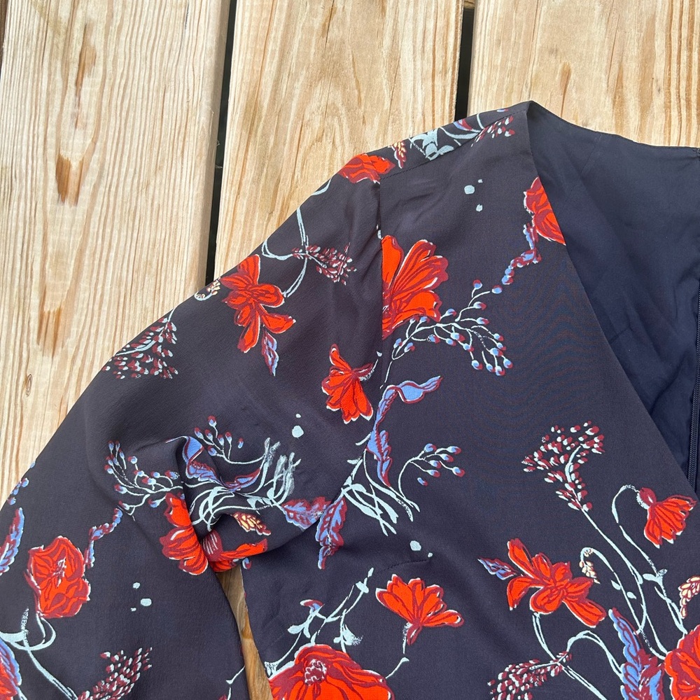 MADEWELL Silk Ruffle-Waist Dress in Windblown Poppies 3/4 sleeve mini SZ 12 EUC - Picture 2 of 15